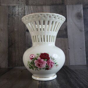 Formalities by Baum Brox Victorian Rose Lattice Vase Ceramic 8" Gold Trim